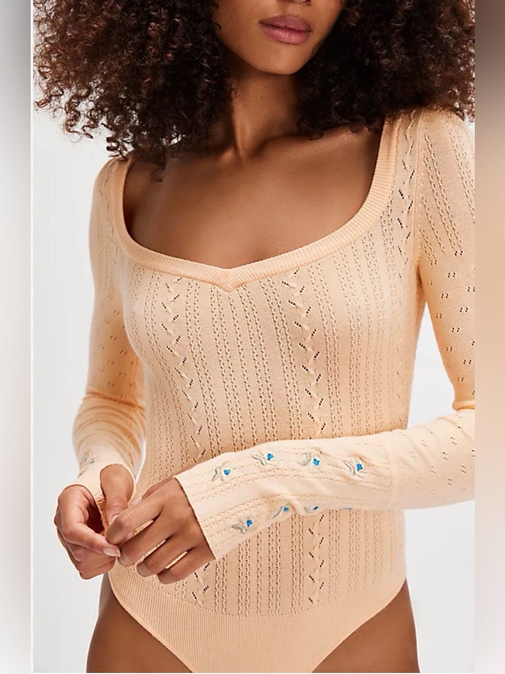 Free People Peach Knit Long Sleeve Bodysuit with Embroidered Cuffs